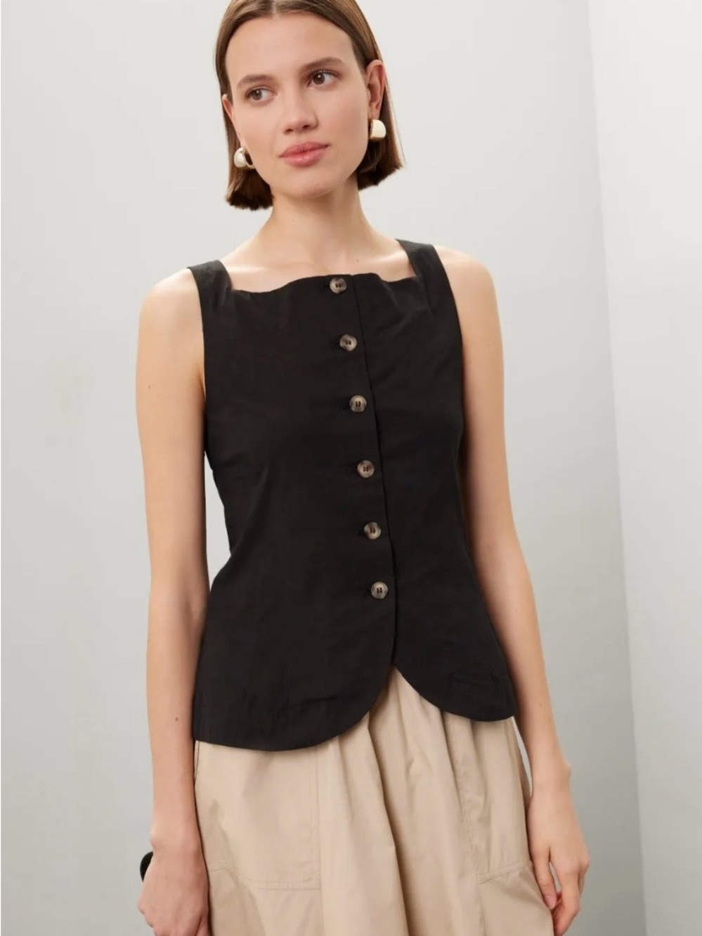 Black Button-Front Sleeveless Top